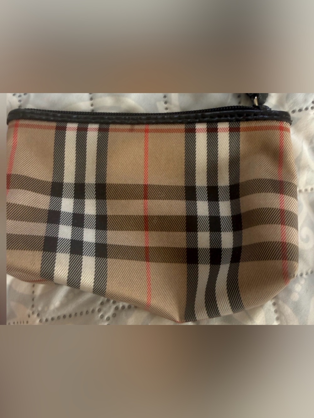 Burberry Beige Plaid Zip Pouch/change purse with Black Trim and Red Accents